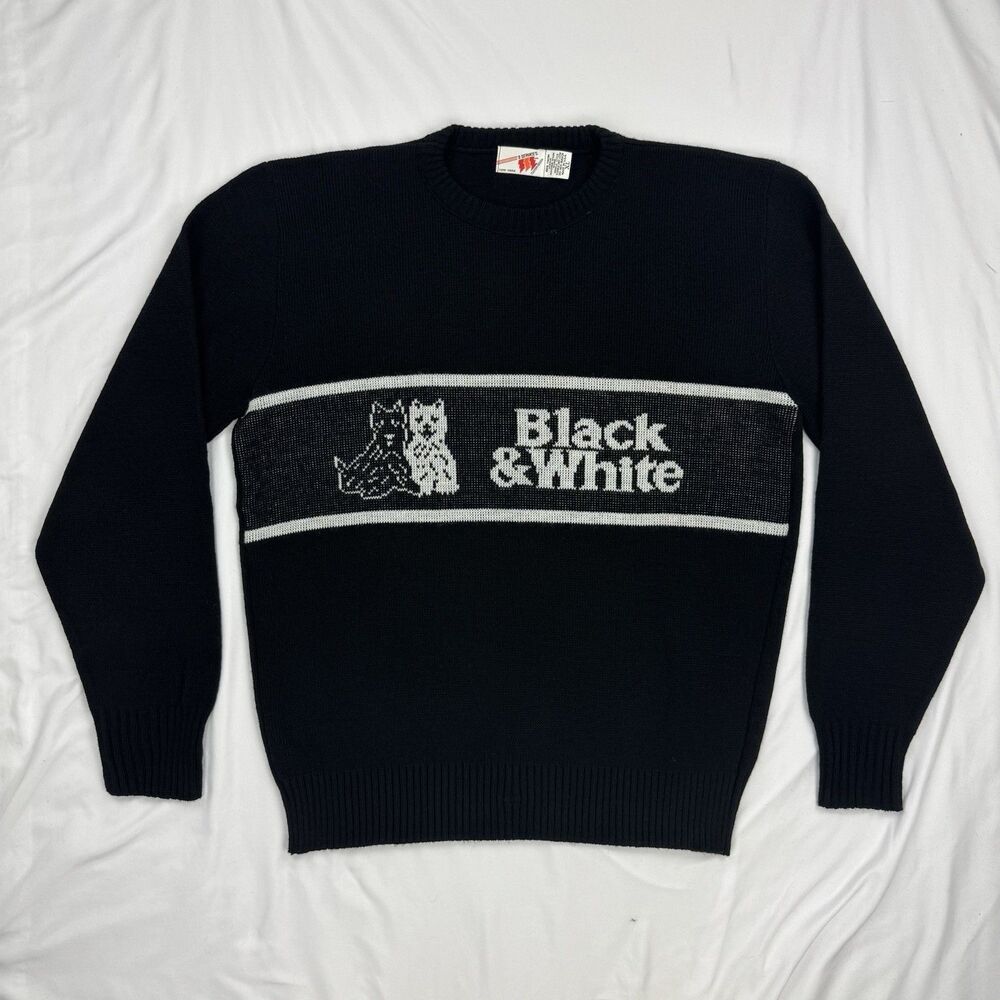Vintage Black & White Scotch Whisky Sweater XL Knit 3 Strikes USA 80s Tag NOS